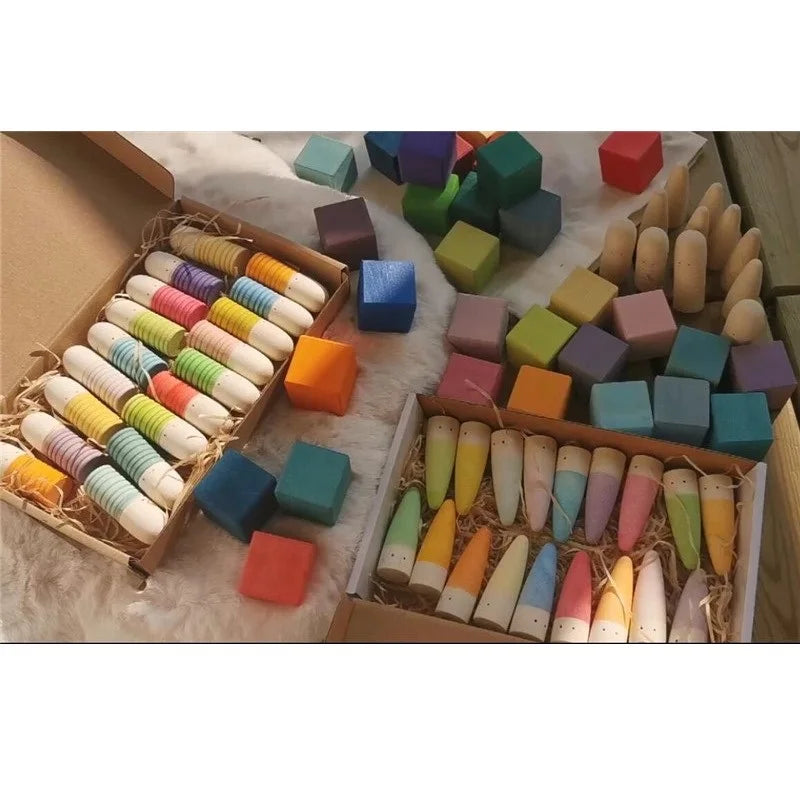 Kids Wooden Montessori Loose Parts for Open-ended Play - Sticks, Peg Dolls, Cubes