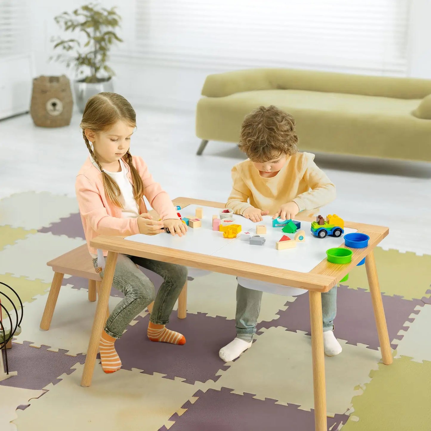 Multifunctional Wooden Sensory Table for Kids with Stool & Storage Bins
