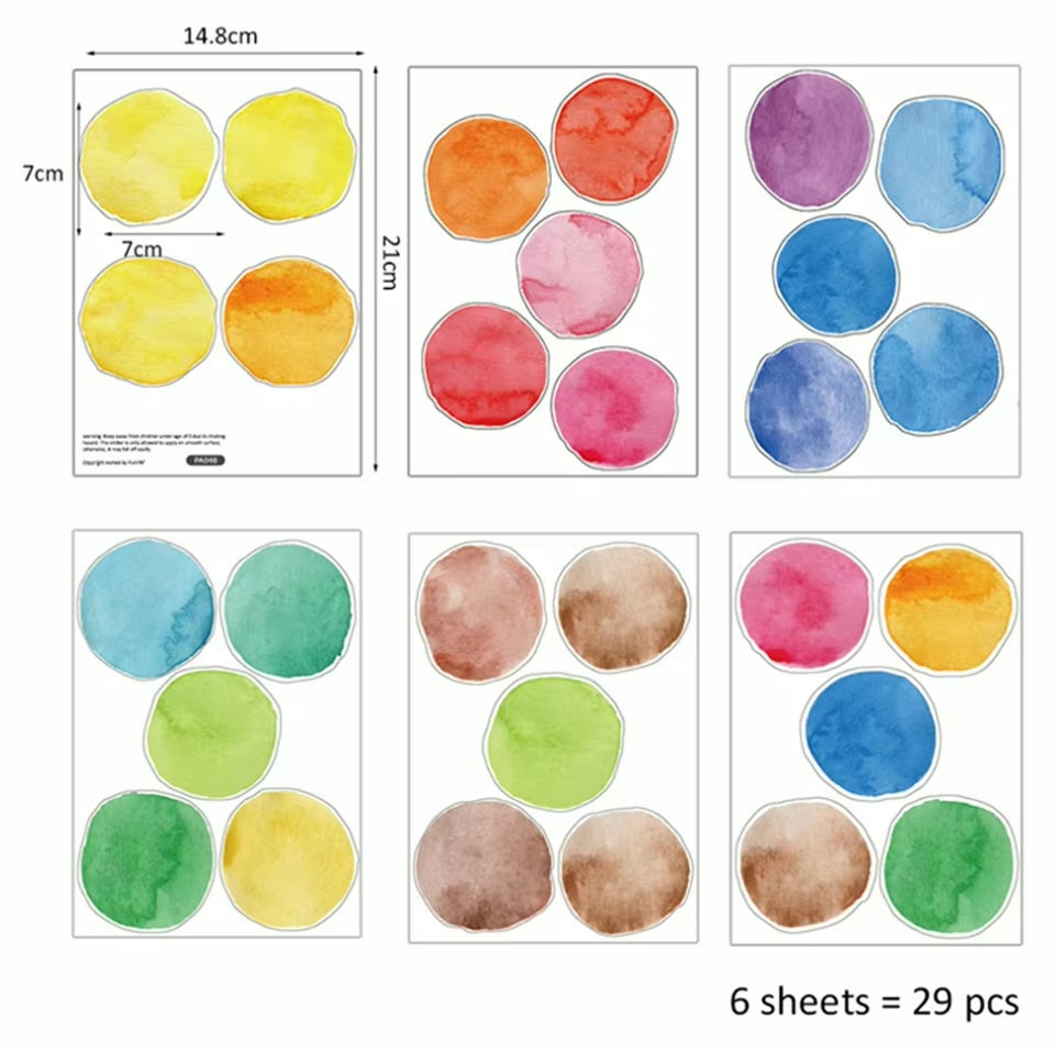 Watercolour Polka Dots, 6.5cm each, 29 pcs