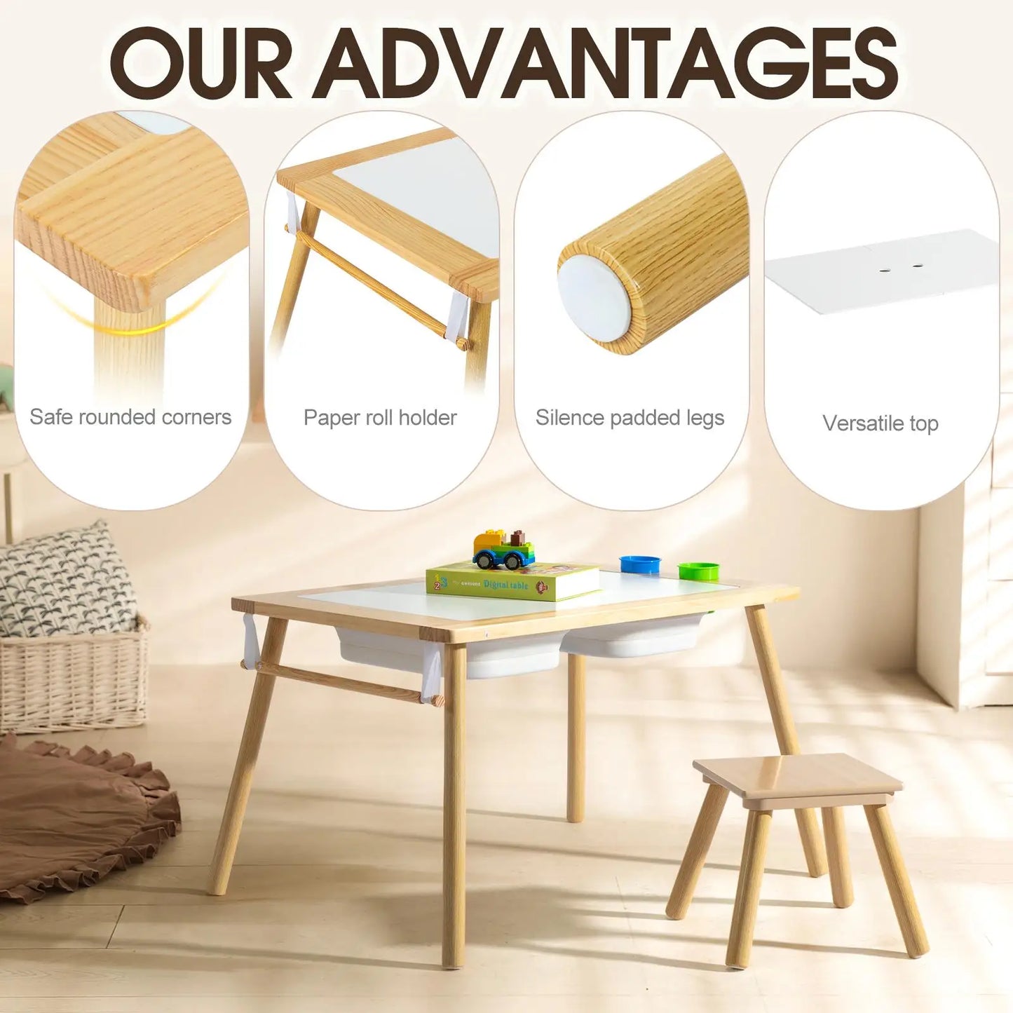 Multifunctional Wooden Sensory Table for Kids with Stool & Storage Bins
