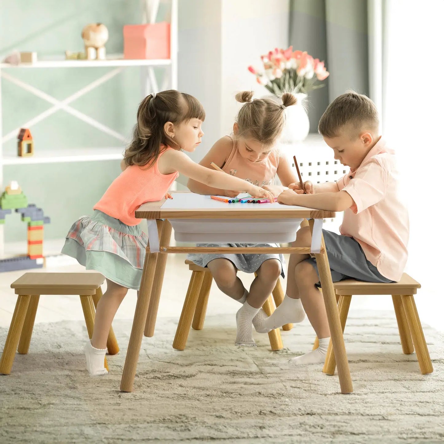 Multifunctional Wooden Sensory Table for Kids with Stool & Storage Bins