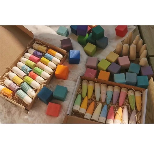 Kids Wooden Montessori Loose Parts for Open-ended Play - Sticks, Peg Dolls, Cubes