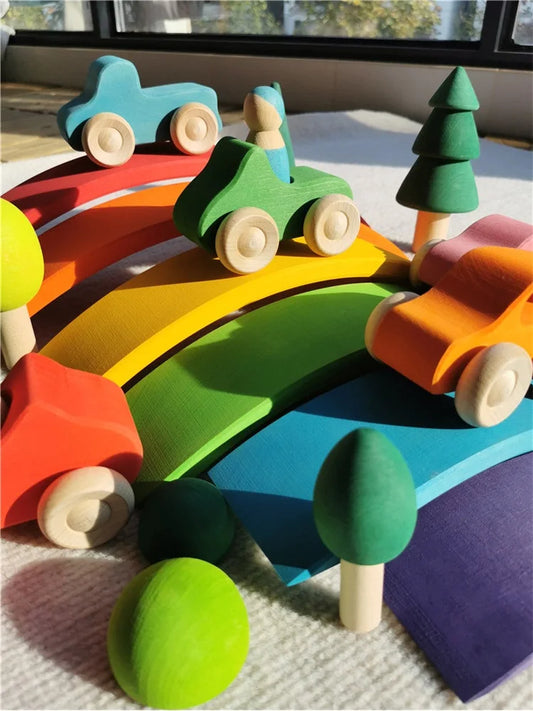 Wooden Rainbow Stacking Toy Sets – Basswood Bridge, Cars, Trucks & Forest Trees