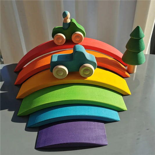 Wooden Rainbow Stacking Toy Sets – Basswood Bridge, Cars, Trucks & Forest Trees