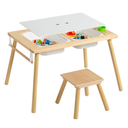 Multifunctional Wooden Sensory Table for Kids with Stool & Storage Bins